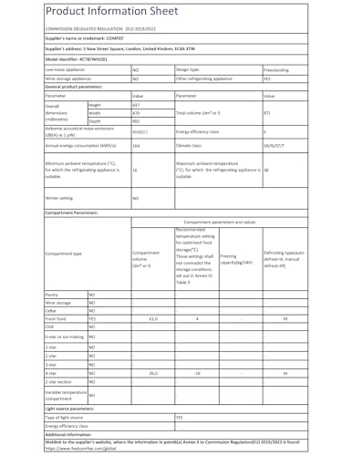 COMFEE' RCT87WH2(E) 87L Under Counter Fridge Freezer, Interior Light, Adjustable Shelves