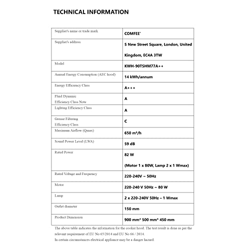 COMFEE' 90 cm Chimney Hood 90M77 Class A+++ Stainless Steel Extractor Hood