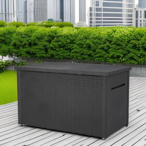 Keter XXL Java Resin Rattan Look Large Outdoor Lockable Storage Deck Box for Patio Furniture Cushions
