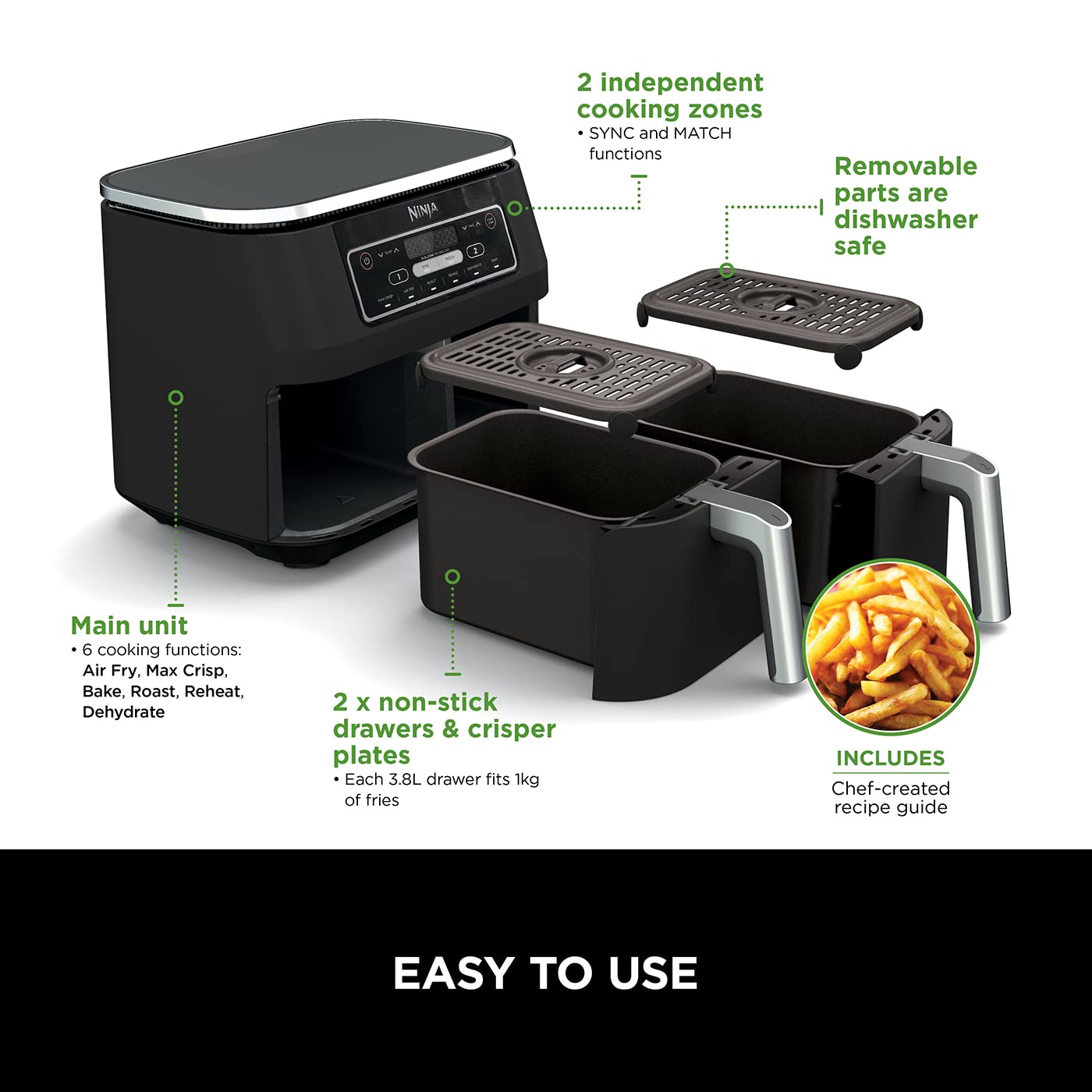 Ninja Foodi Dual Zone Digital Air Fryer, 2 Drawers, 7.6L, 6-in-1, Uses No Oil, Air Fry, Black