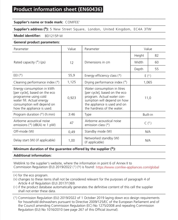 COMFEE' KWH-BD1215P-W Fully Integrated Dishwasher with 12 Place Settings, Cloud Wash - White