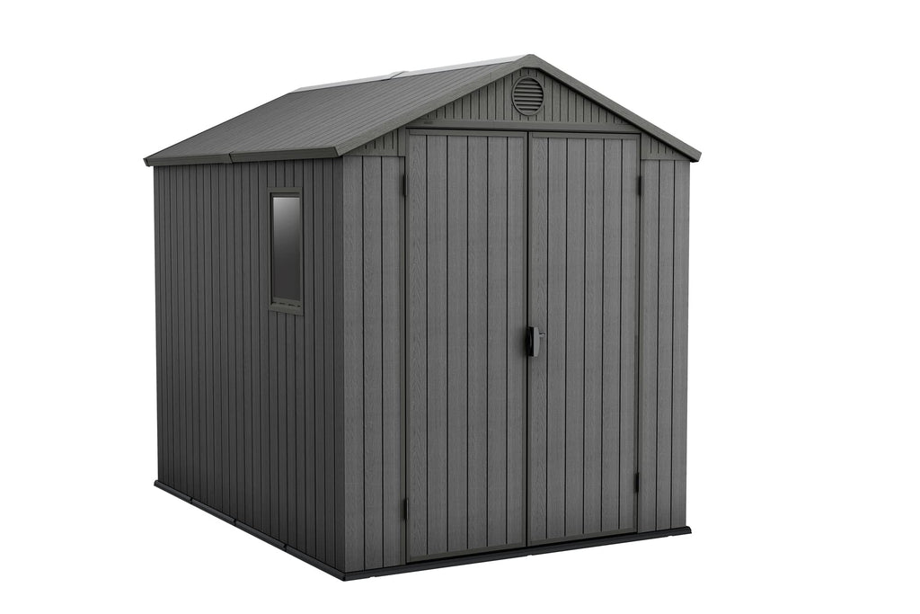 Keter Darwin Outdoor Apex Double Door Garden Storage Shed 6 x 8ft Grey Evotech+ Wood Look and Feel
