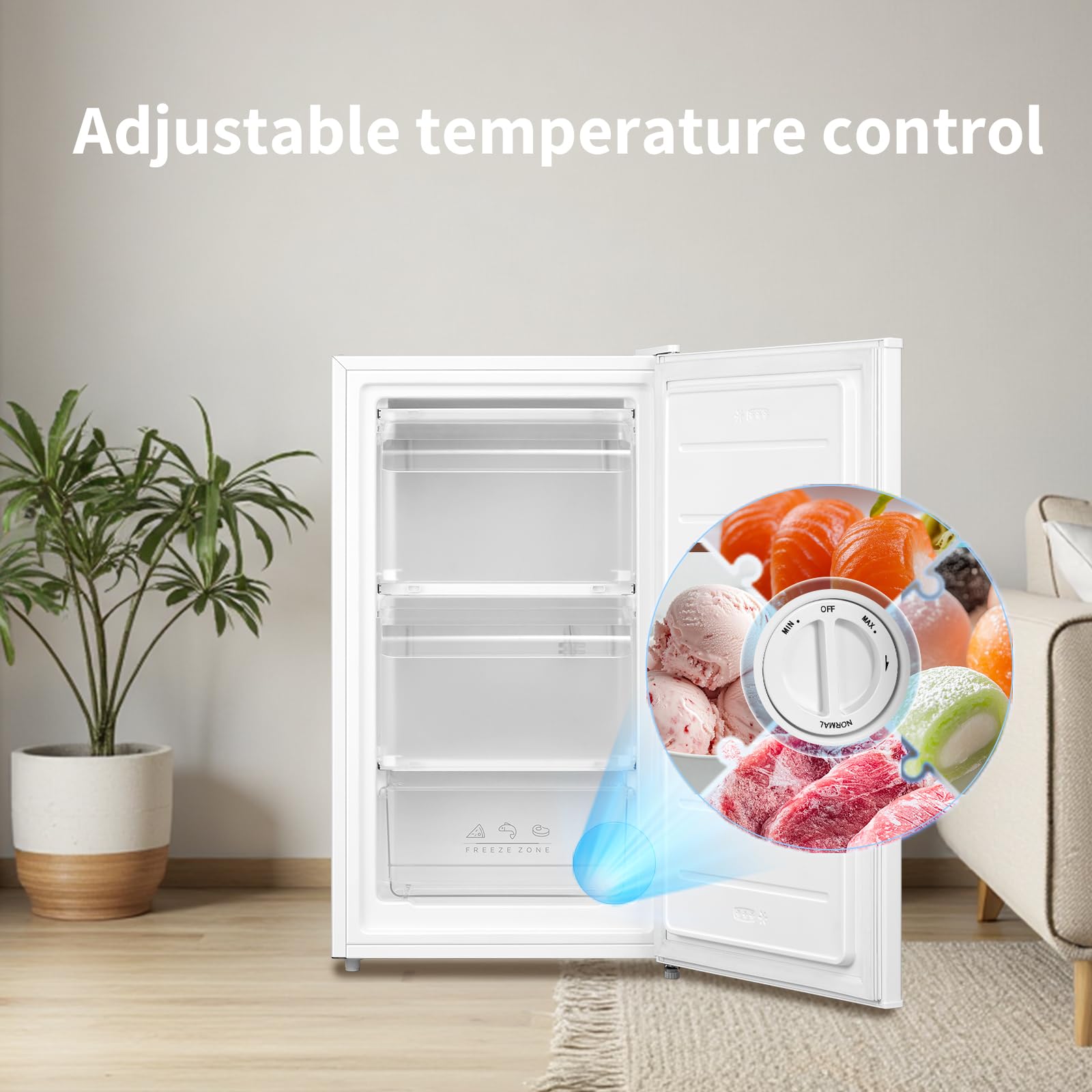 COMFEE' RCU60WH2(E) 60 Litre Freestanding Under Counter, 48cm Upright Freezer Adjustable Thermostat