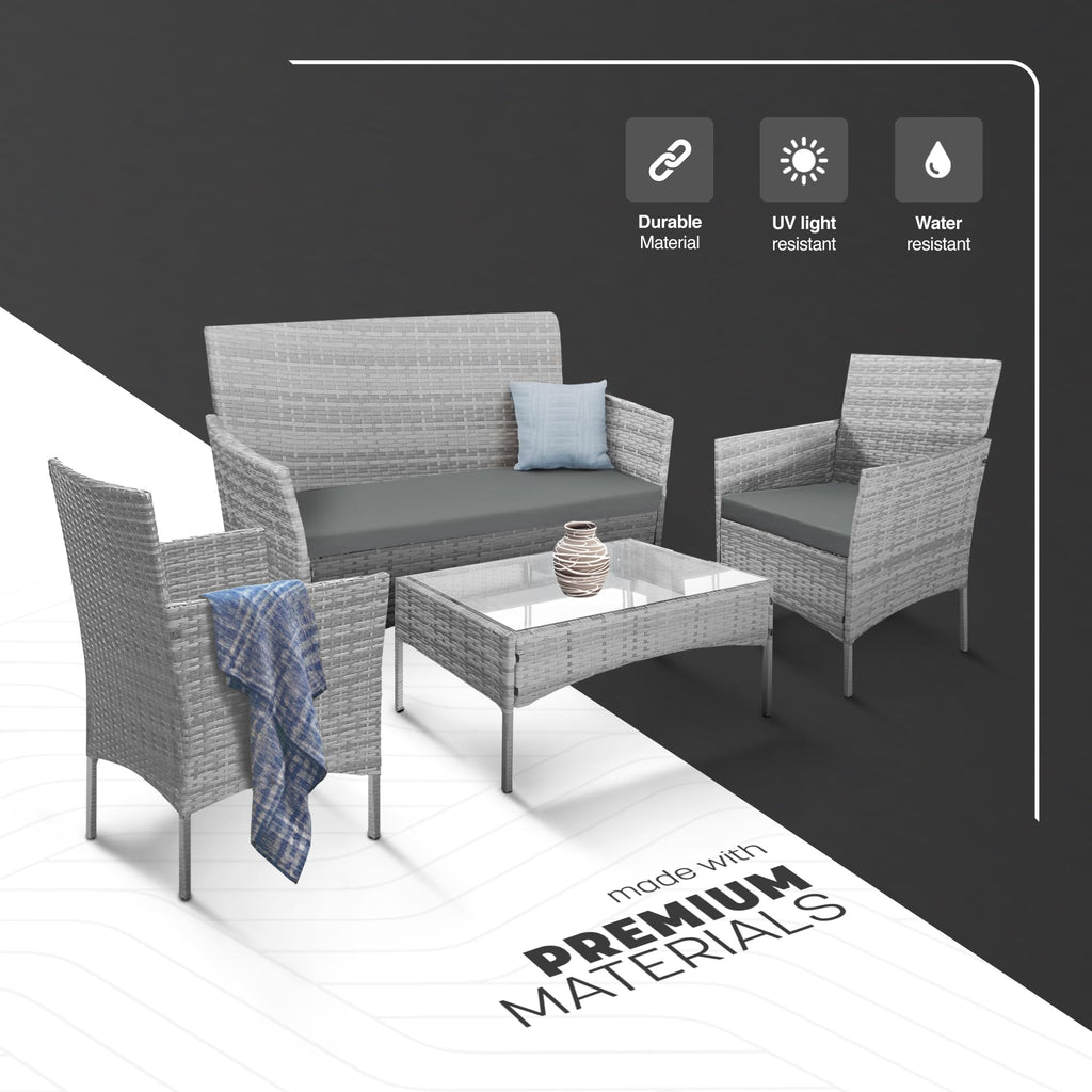 KEPLIN 4pc Rattan Garden Furniture Set – Outdoor Lounger Sofa, Chairs and Table Bistro Set for Lawn