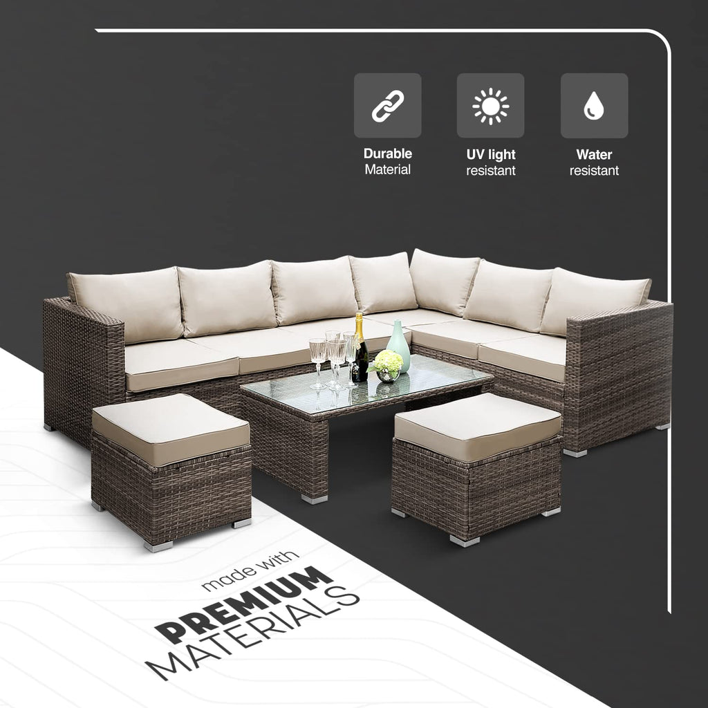 KEPLIN 9pc Corner Rattan Garden Furniture Set – Corner Garden Furniture Patio Set for Lawn