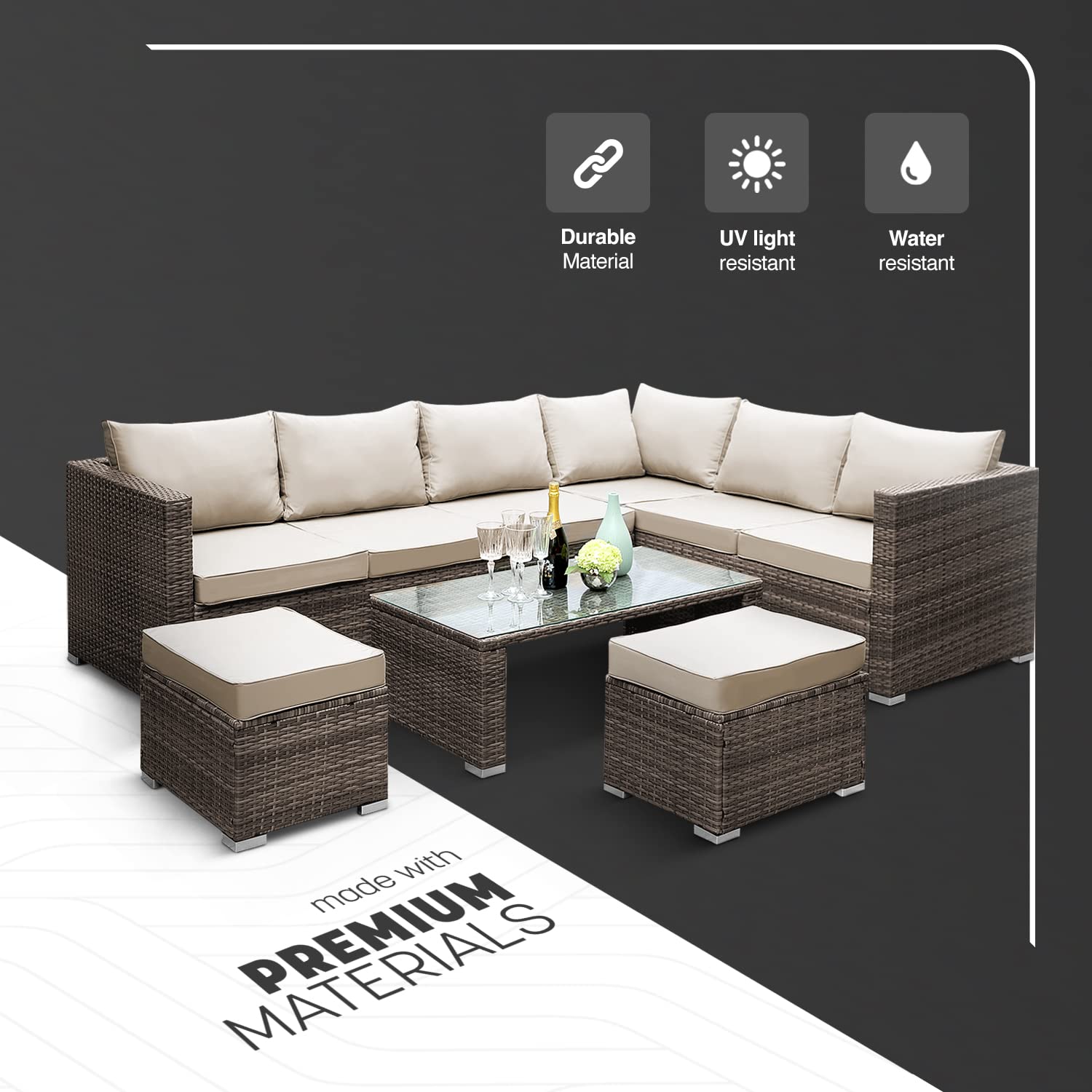 KEPLIN 9pc Corner Rattan Garden Furniture Set – Corner Garden Furniture Patio Set for Lawn