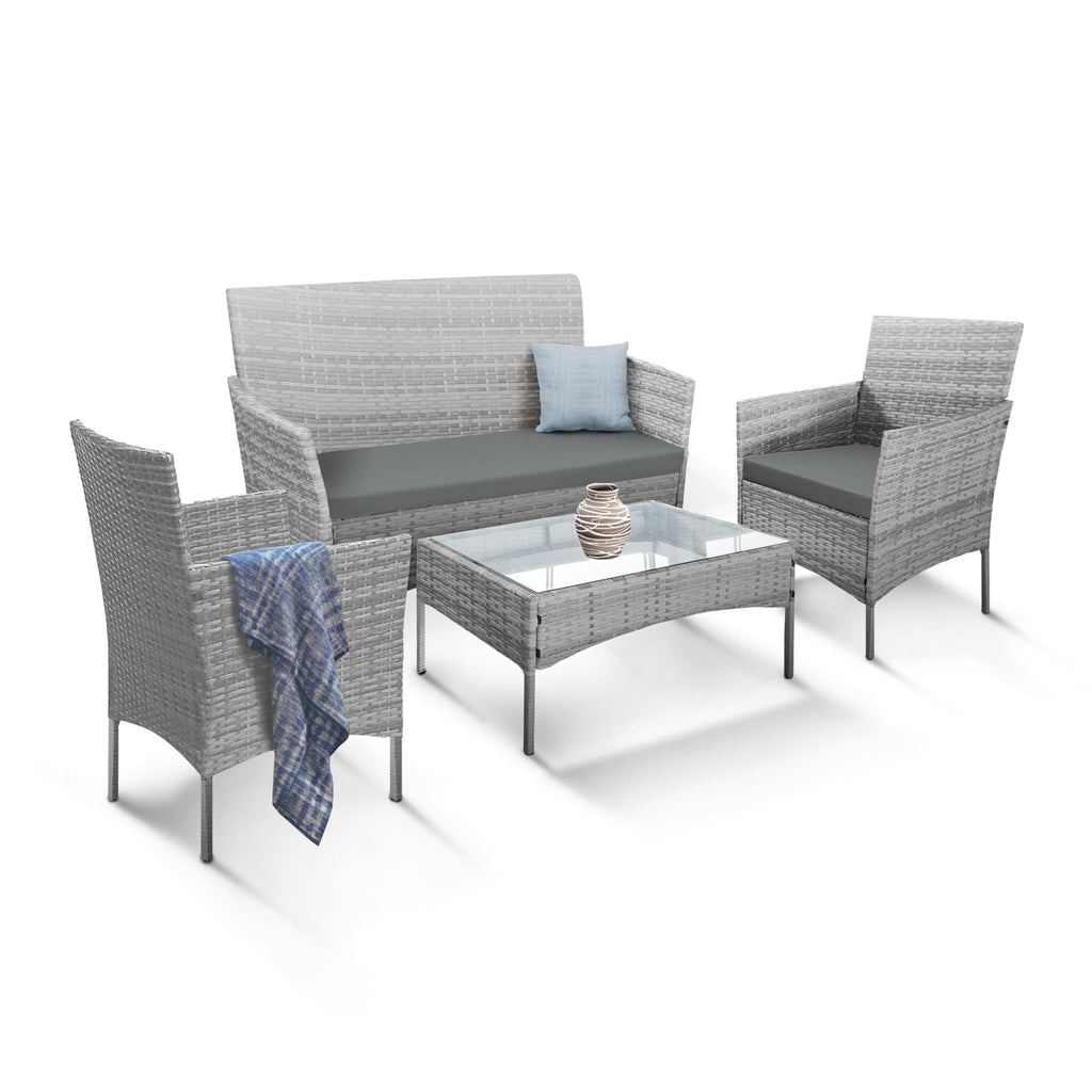 KEPLIN 4pc Rattan Garden Furniture Set – Outdoor Lounger Sofa, Chairs and Table Bistro Set for Lawn