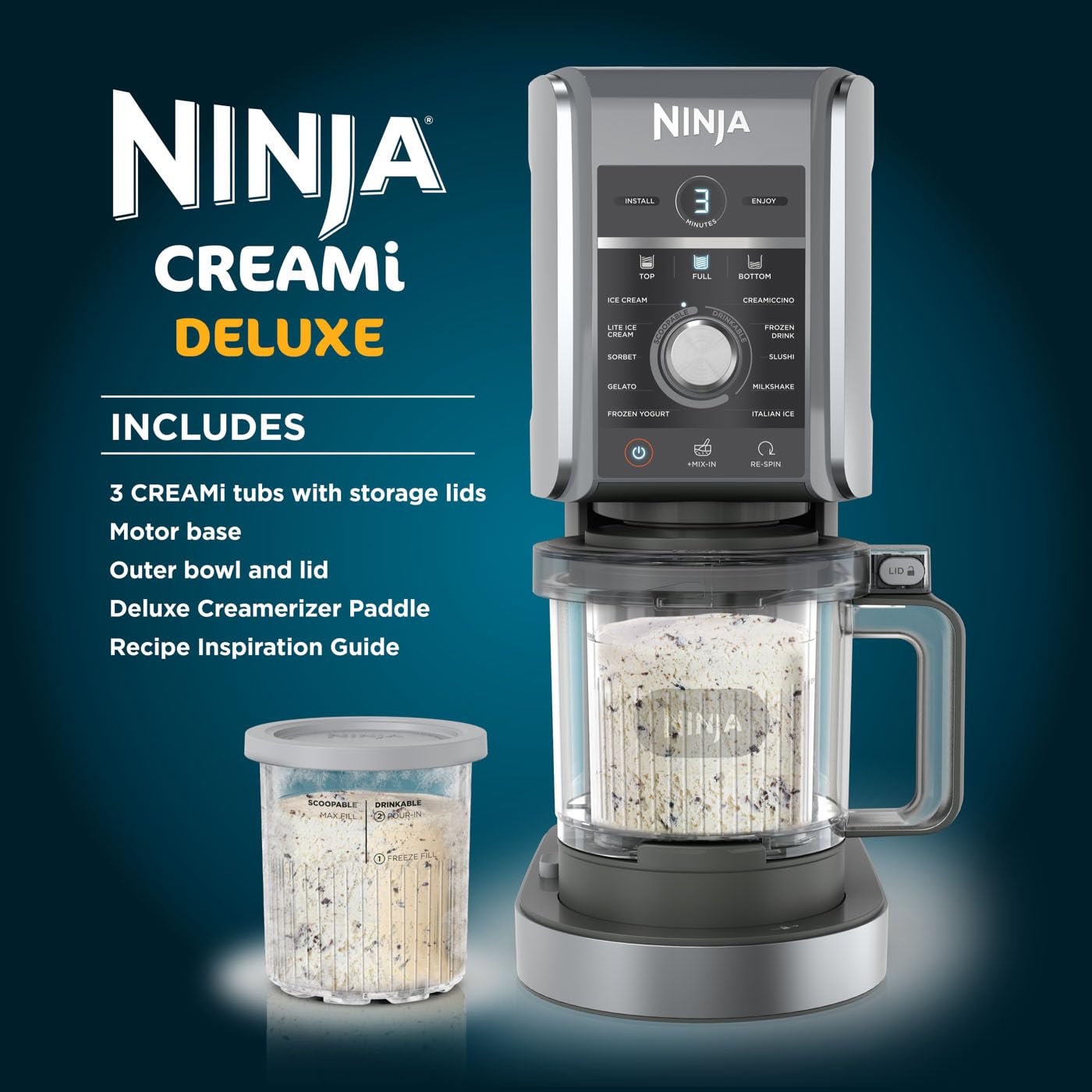 Ninja CREAMi Deluxe Ice Cream Maker & Frozen Dessert Maker with 3 Tubs, 10 Functions, Silver