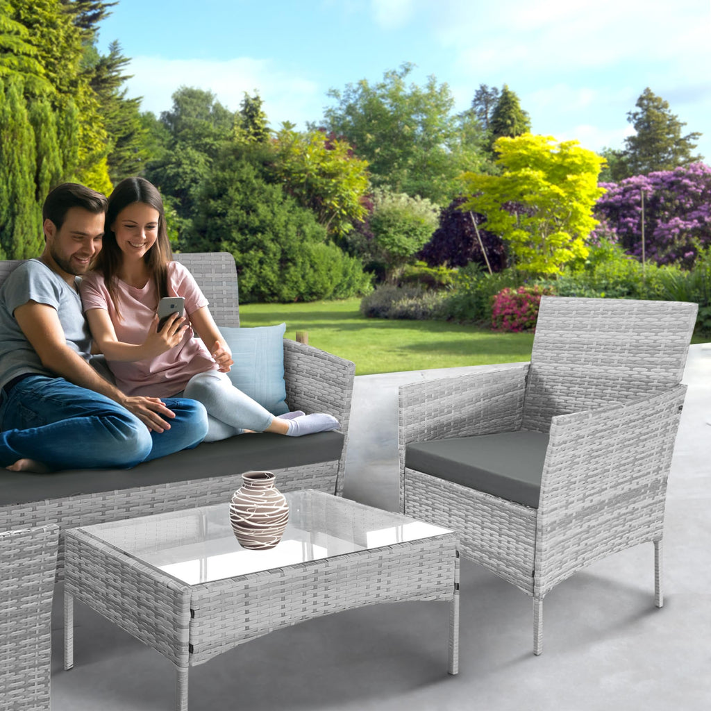 KEPLIN 4pc Rattan Garden Furniture Set – Outdoor Lounger Sofa, Chairs and Table Bistro Set for Lawn