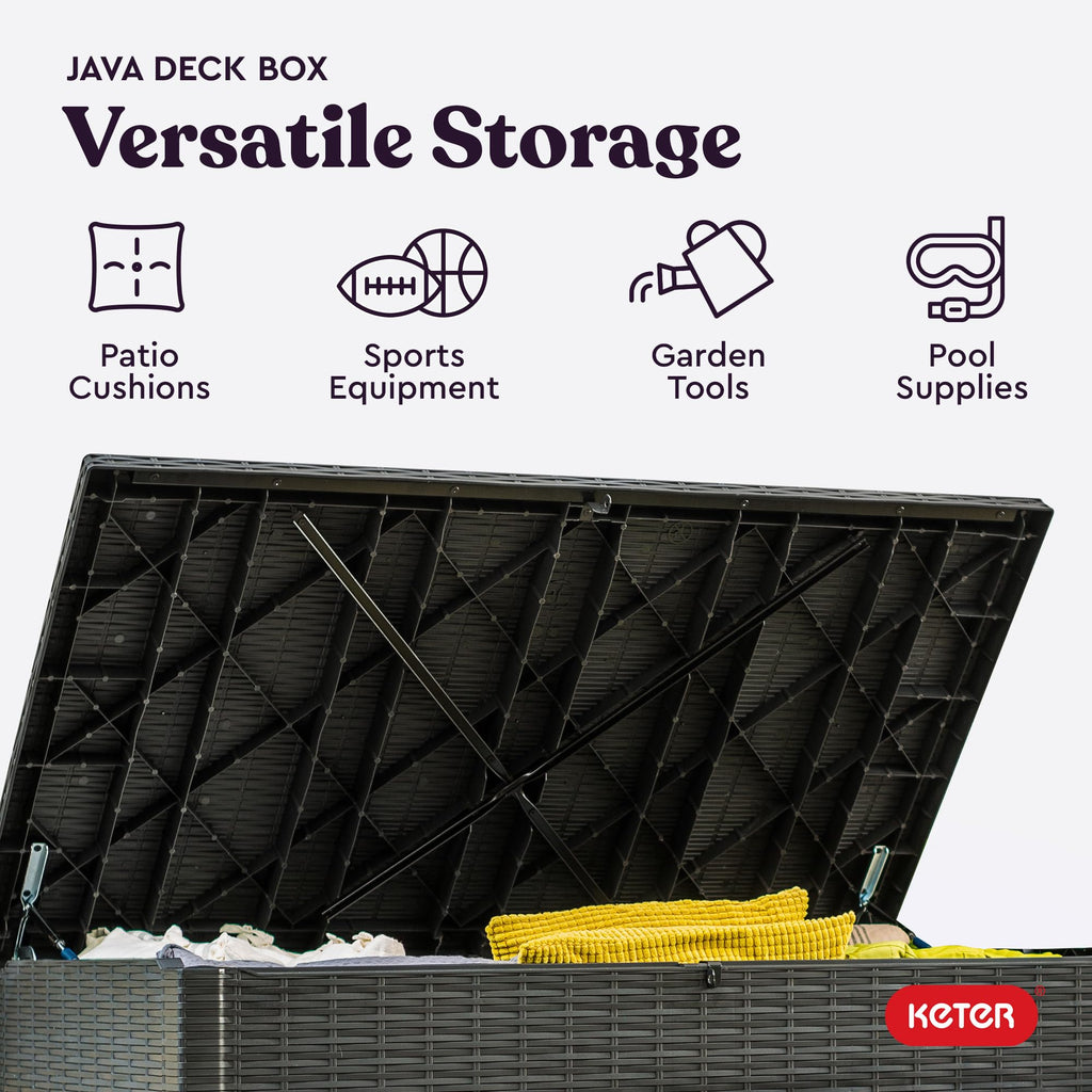 Keter XXL Java Resin Rattan Look Large Outdoor Lockable Storage Deck Box for Patio Furniture Cushions