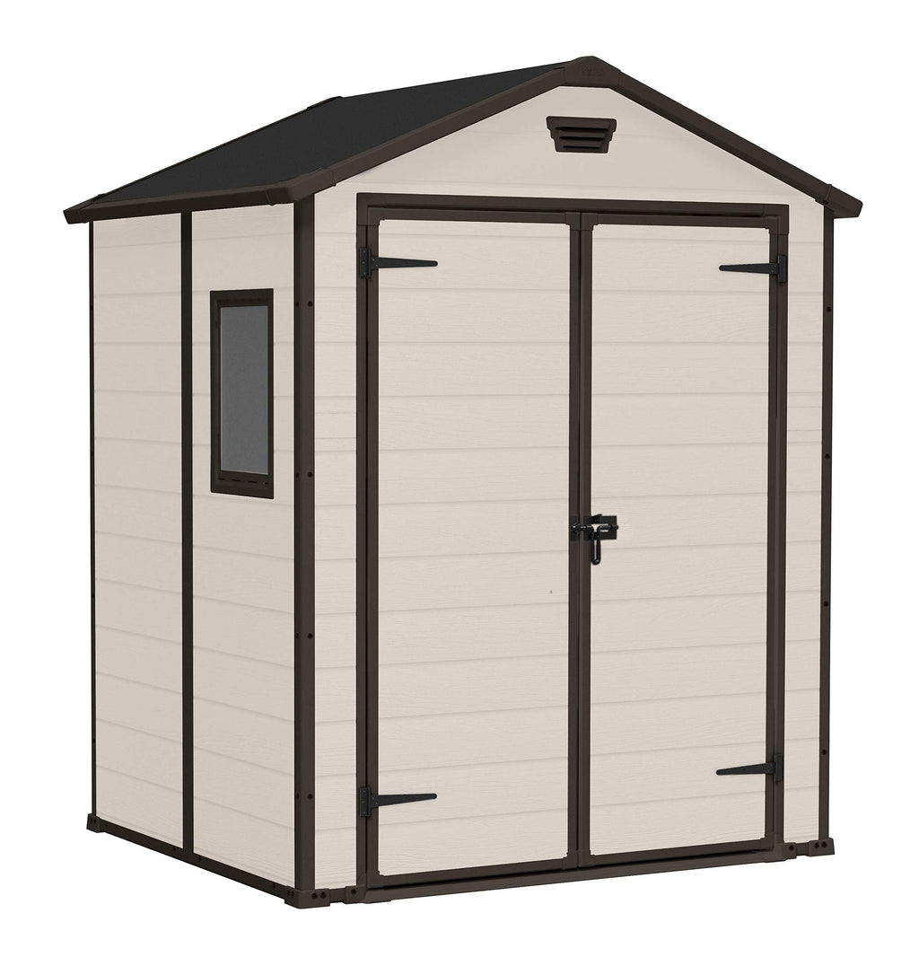 Keter, Manor Apex 6 x 5 ft Outdoor Garden Storage Shed, elegant wood-effect double door design for easy access