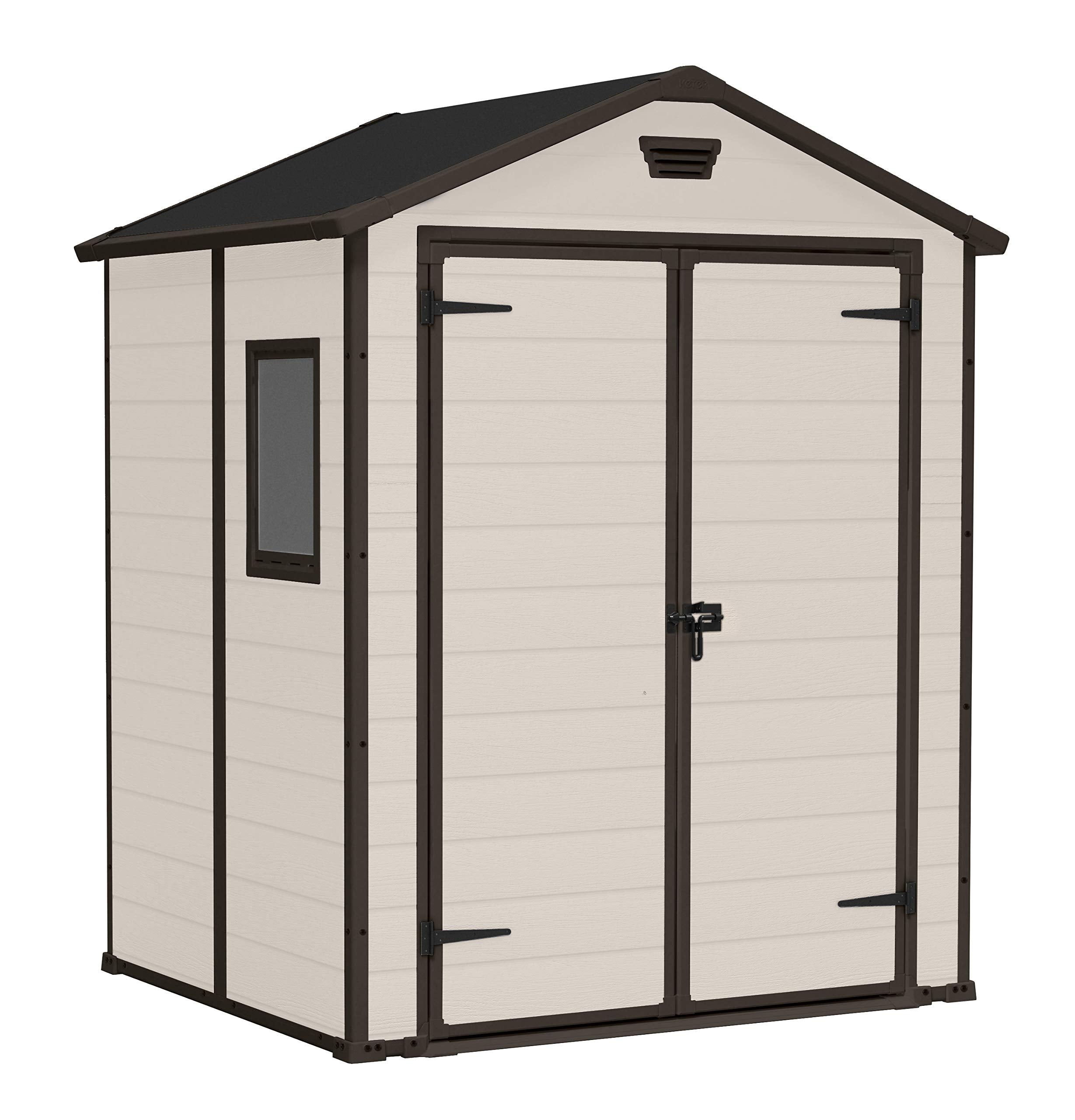 Keter, Manor Apex 6 x 5 ft Outdoor Garden Storage Shed, elegant wood-effect double door design for easy access