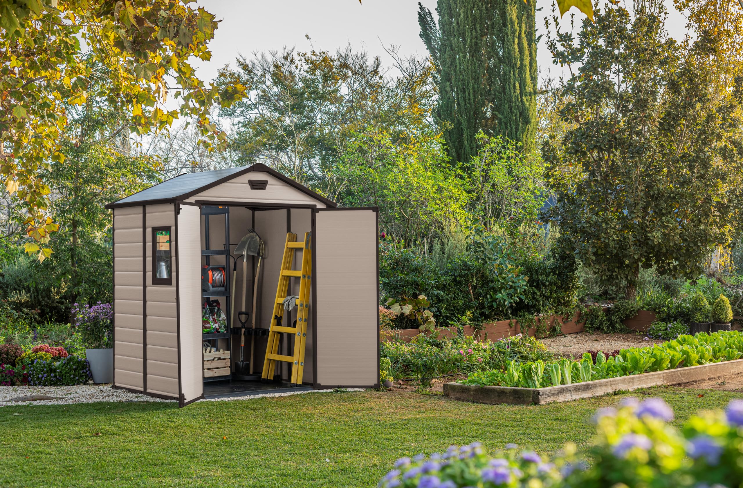 Keter, Manor Apex 6 x 5 ft Outdoor Garden Storage Shed, elegant wood-effect double door design for easy access
