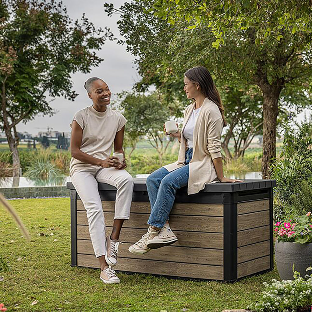 Keter Signature 570L Outdoor Storage Box – Ashwood Brown | Lockable Weatherproof Garden Deck Box & Bench