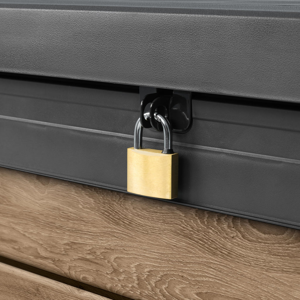 Keter Signature 570L Outdoor Storage Box – Ashwood Brown | Lockable Weatherproof Garden Deck Box & Bench