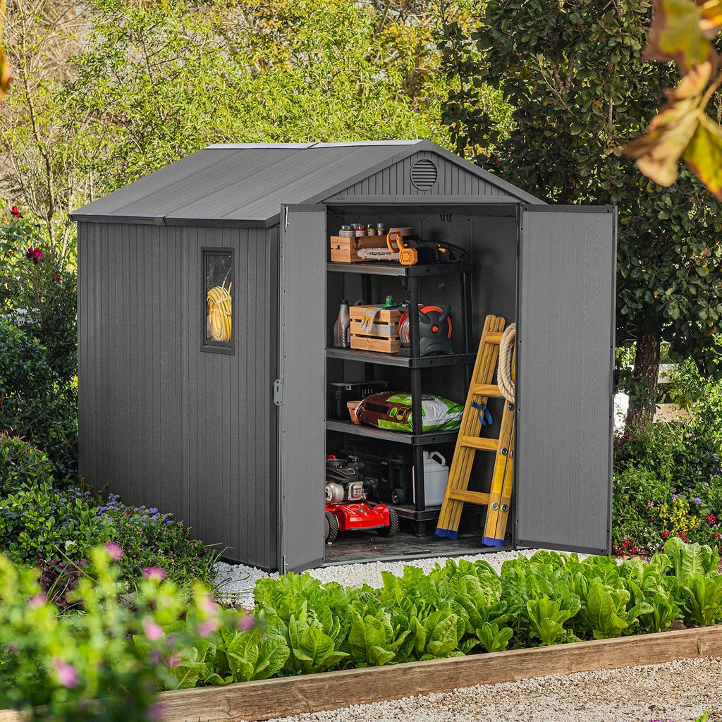 Keter Darwin Outdoor Apex Double Door Garden Storage Shed 6 x 8ft Grey Evotech+ Wood Look and Feel